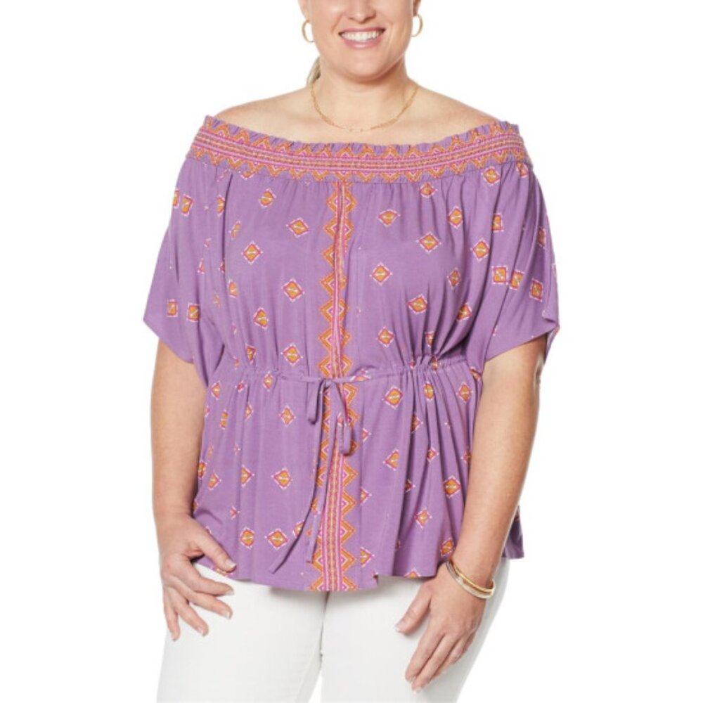 Colleen Lopez Off-The-Shoulder Smocked Neck Peplum Boho Top, Oversize L, NWOT - Picture 3 of 11